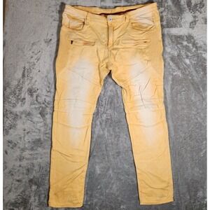 Kleep Jeans Men's 42X35 Moto Slim Stretch Skinny Distress Flap Stone Wash Yellow